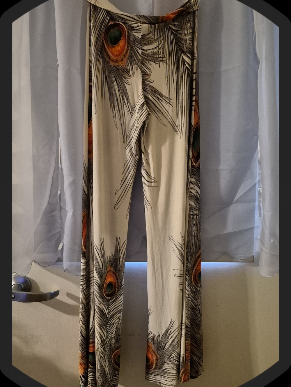 Se Sang Lightweight Peacock Print Fold Over High Waisted Wide Leg Palazzo Pants
